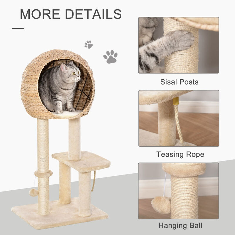 Modern Cat Tree with Sisal Scratching Post Condo and Hanging Rope 44.5"H, Beige