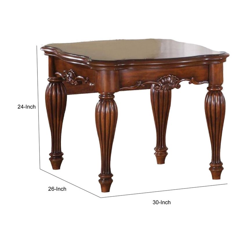Wooden End Table with Carved Details, Cherry Brown-Benzara