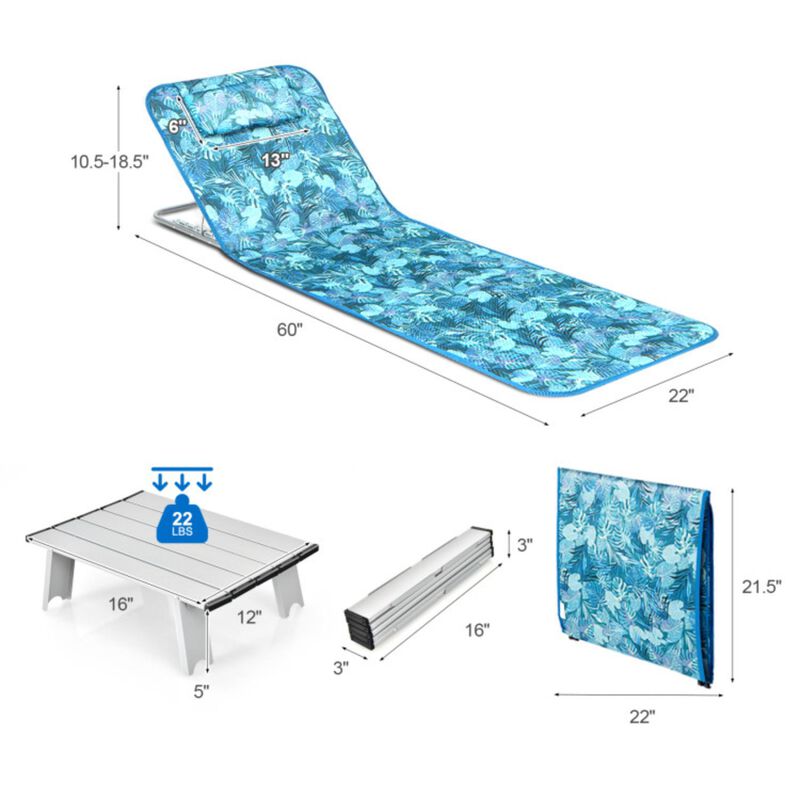 Hivvago 3 Pieces Beach Lounge Chair Mat Set 2 Adjustable Lounge Chairs with Table Stripe