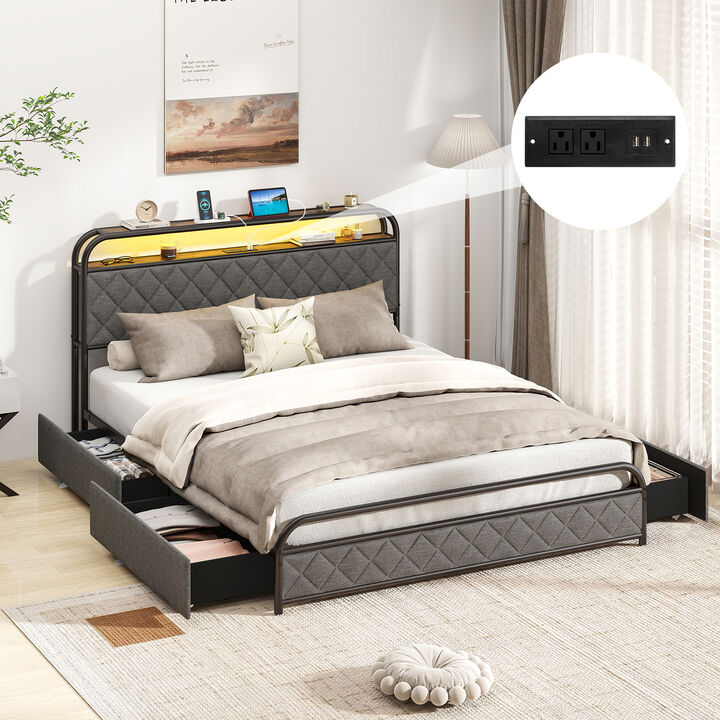 Storage Platform Bed with LED Headboard Lights and Charging Station – Tech-Ready Bedroom Frame
