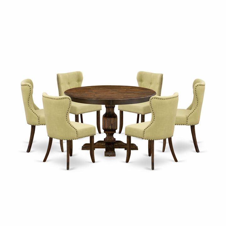 East West Furniture F3SI7-737 7Pc Dining Room Set - Round Table and 6 Parson Chairs - Distressed Jacobean Color