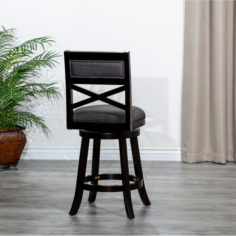 24" Counter Height X-Back Swivel Stool, Espresso Finish, Charcoal Fabric Seat