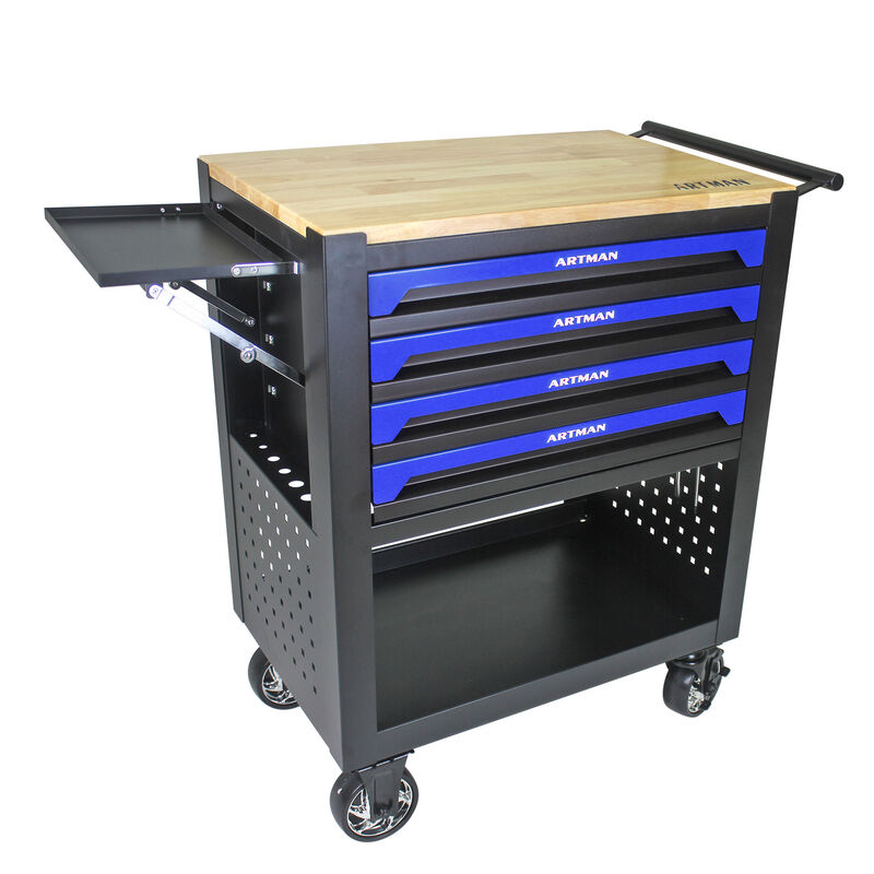 4 DRAWERS MULTIFUNCTIONAL TOOL CART WITH WHEELS AND WOODEN TOP