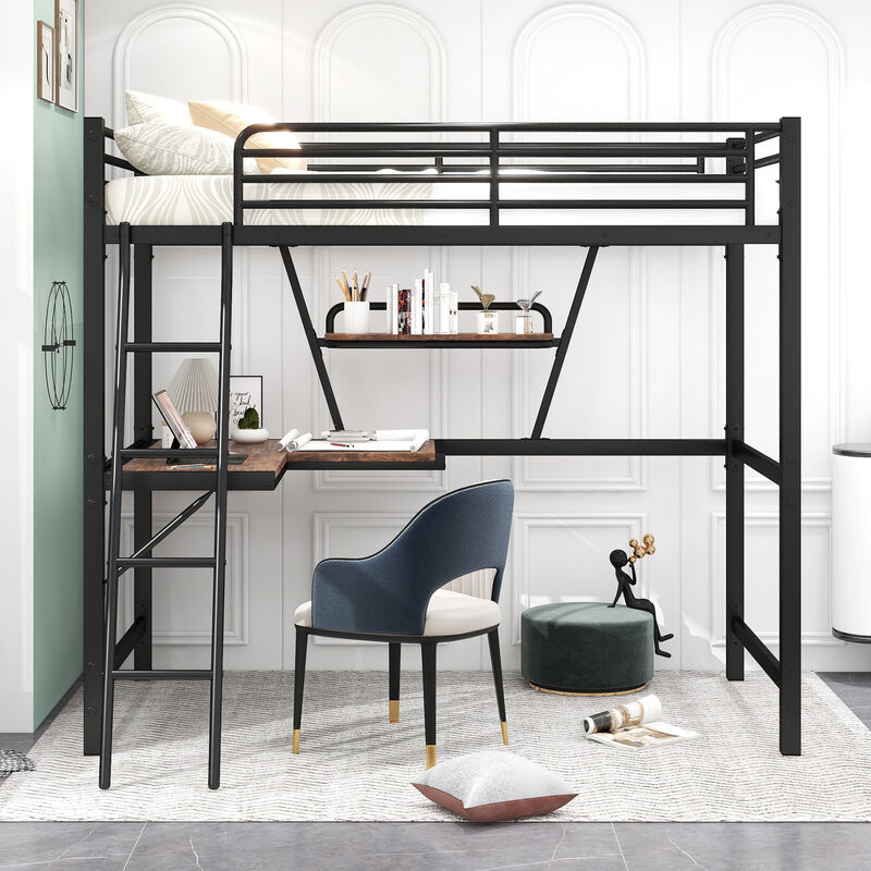 Merax Metal Frame Loft Bed with Desk and Shelf