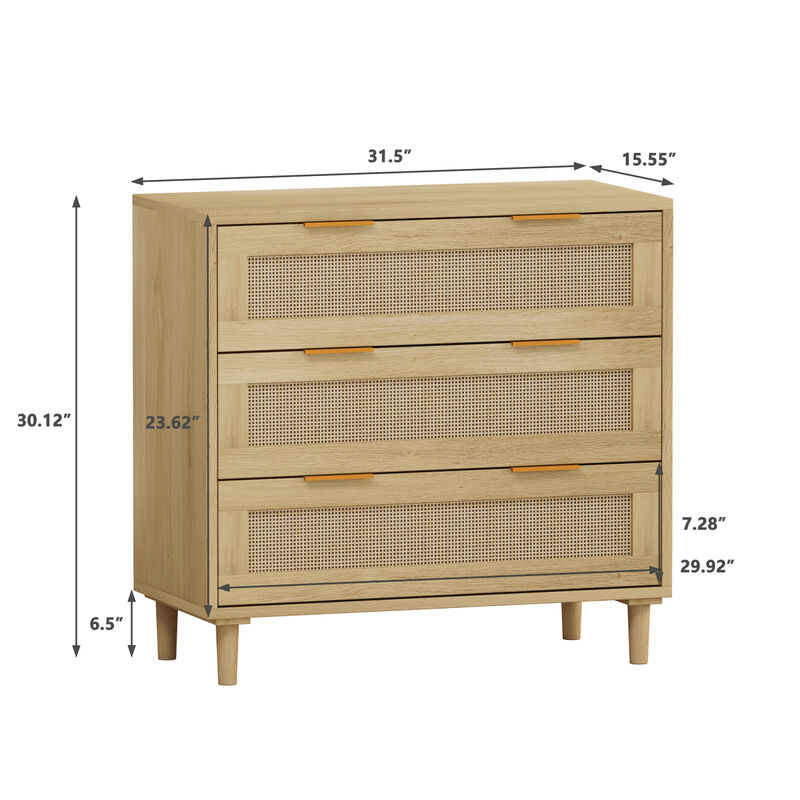 31.5"Oak 3-Drawer Rattan Storage Cabinet for Any Room