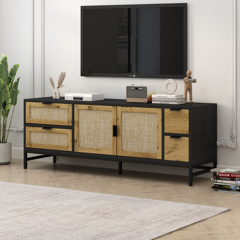 Elegant Rattan TV Stand for TVs up to 65", Boho Style Media Console with Adjustable Shelves, Sleek TV Console Table with Wood Grain Surface for Living Room, Steel Grey