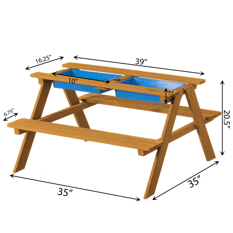 Convertible Wooden Sand and Water Table for your Toddlers Outdoor Playset Featuring 2 Play Box and a Removable Top that Transforms into Kids Picnic Table - Teak Stained