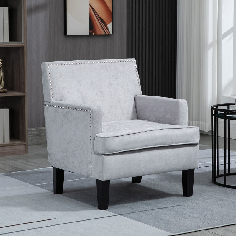 HOMCOM Modern Accent Chair, Upholstered Living Room Chair with Solid Wood Legs and Nailhead Trim, Armchair for Living Room, Bedroom, Home Office, Light Gray