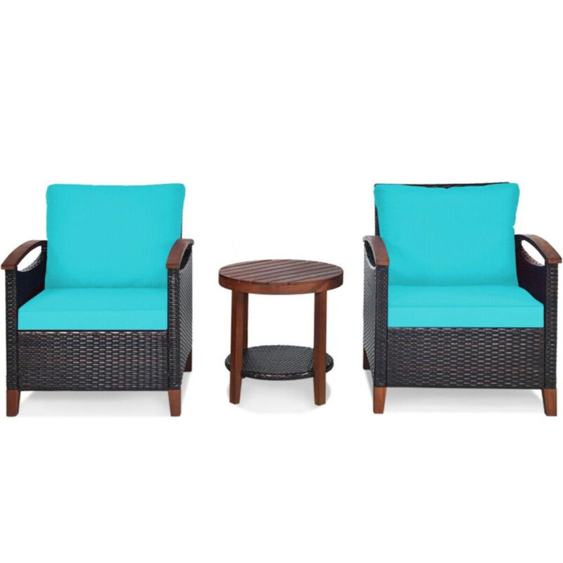 Hivvago 3 Pieces Patio Wicker Furniture Set with Washable Cushion and Acacia Wood Tabletop