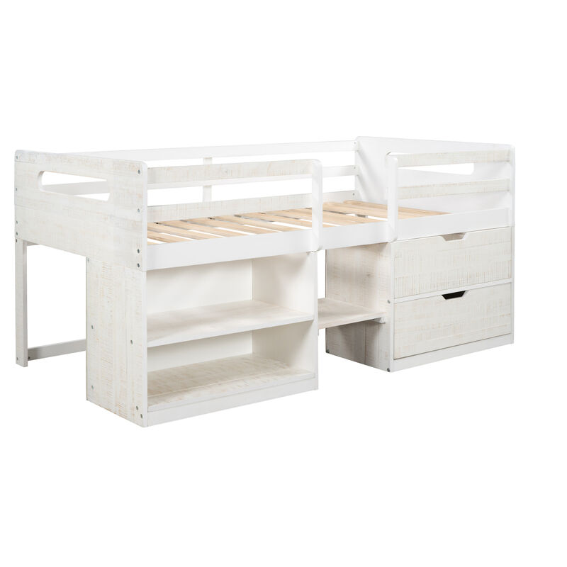 Twin size Loft Bed with Two Shelves and Two drawers (White)