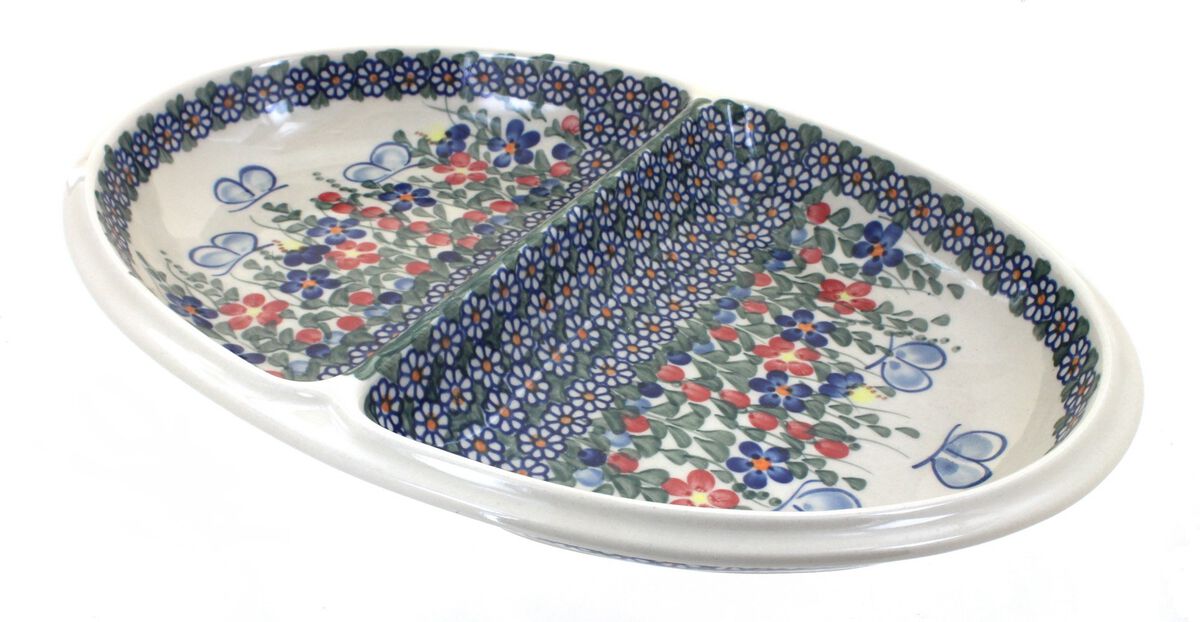 Blue Rose Polish Pottery Poinsettia Large Divided Dish