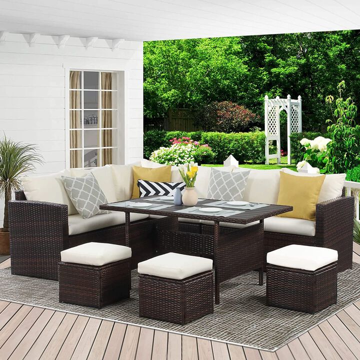 7-Pieces PE Rattan Wicker Patio Dining Sectional Cusions Sofa Set With Ivory Cushions