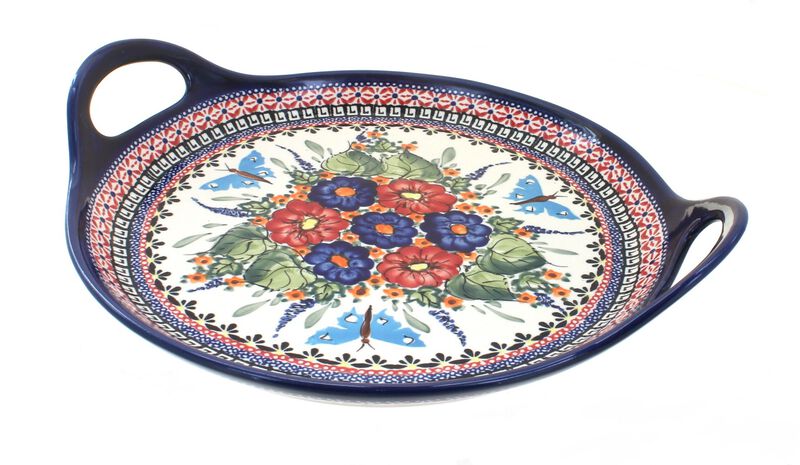 Blue Rose Polish Pottery Blue Tulip Round Serving Tray with Handles