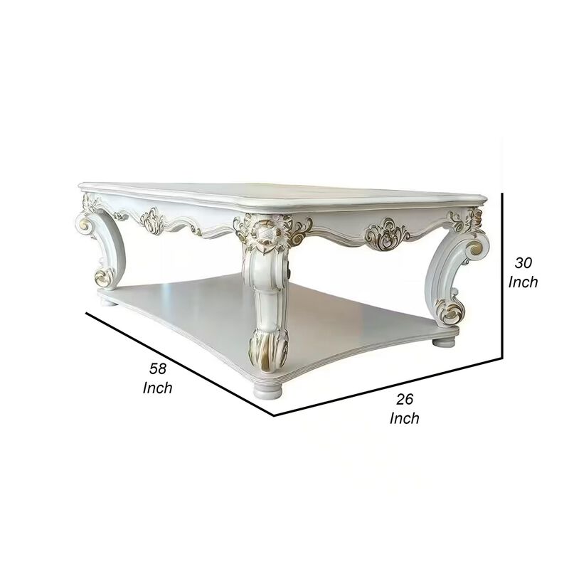 Benjara Jess 58 Inch Coffee Table, Square, Traditional Scrolled Legs, Brushed, White and Gold