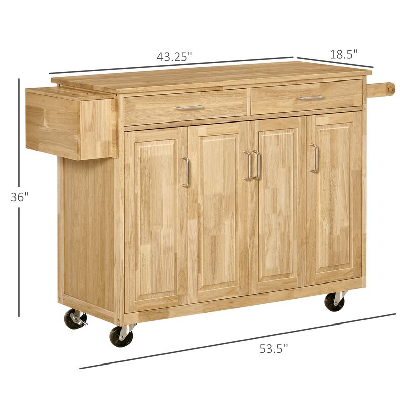 Kitchen Island on Wheels, Natural Hardwood Kitchen Cart with Drawers, Storage Cabinets, and Tool Caddy, Microwave Cart for Dining Room, 54 Inches Wide