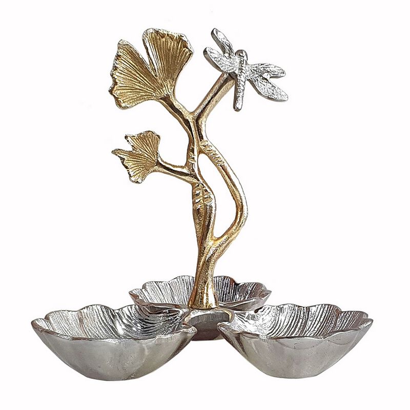 Keva 9 Inch Decorative Bowl, Curved Leaf Design, 2 Tone Gold, Silver Finish - Benzara