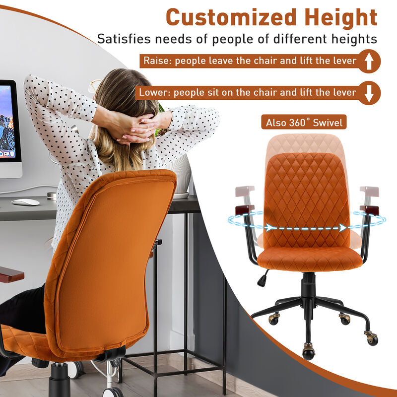 Costway Velvet Home Office Chair Swivel Adjustable Task Chair w/ Wooden Armrest Orange