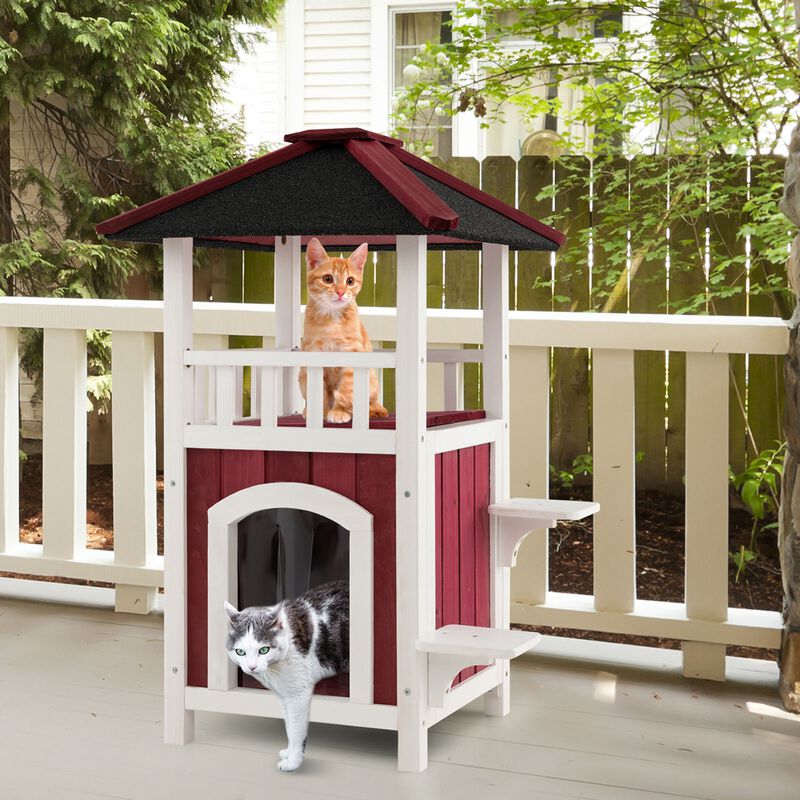 Costway Outdoor Cat House 2-Story Wooden Cat Shelter with Asphalt Roof Removable Floor