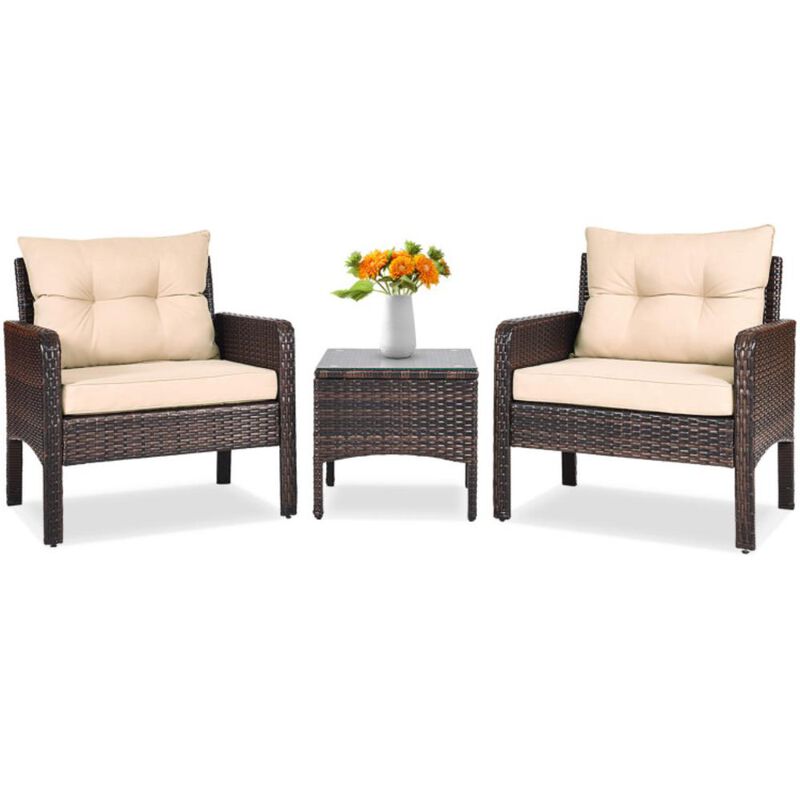 Hivvago 3 Pieces Outdoor Patio Rattan Conversation Set with Seat Cushions