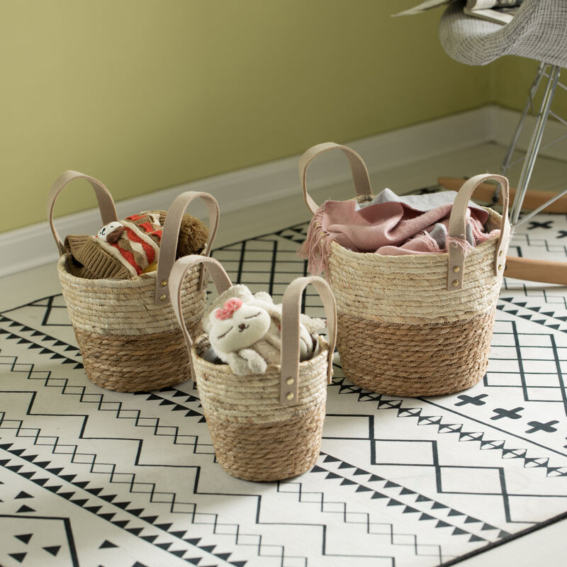 Decorative Brown Corn Rope-Straw Round Storage Basket Set of 3 with Rope Handles