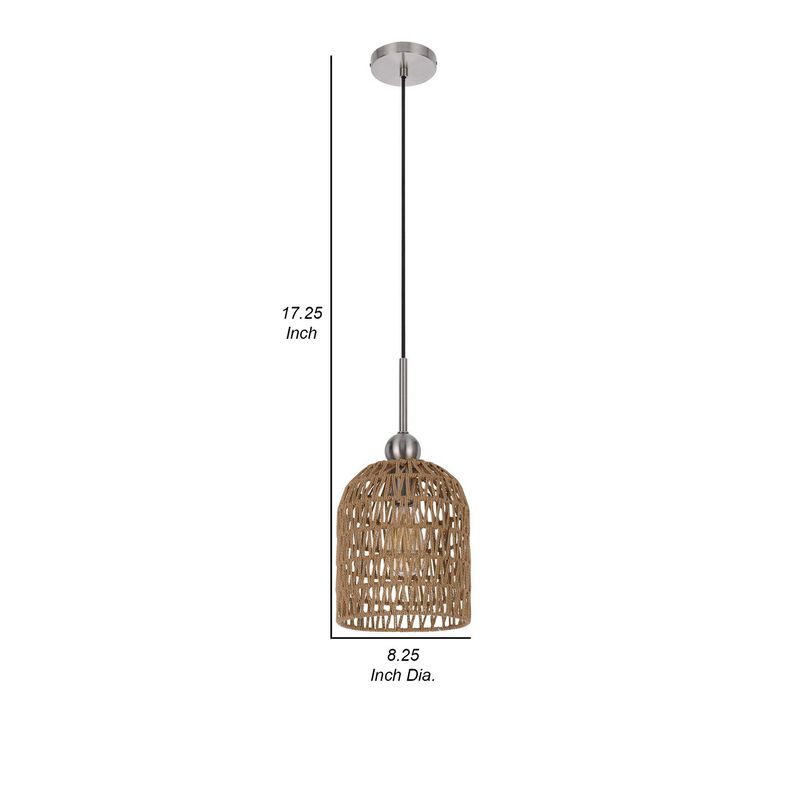 8 Inch Dia. Pendant Ceiling Light Fixture, Rope Woven Shade, Brown, Chrome-Benzara