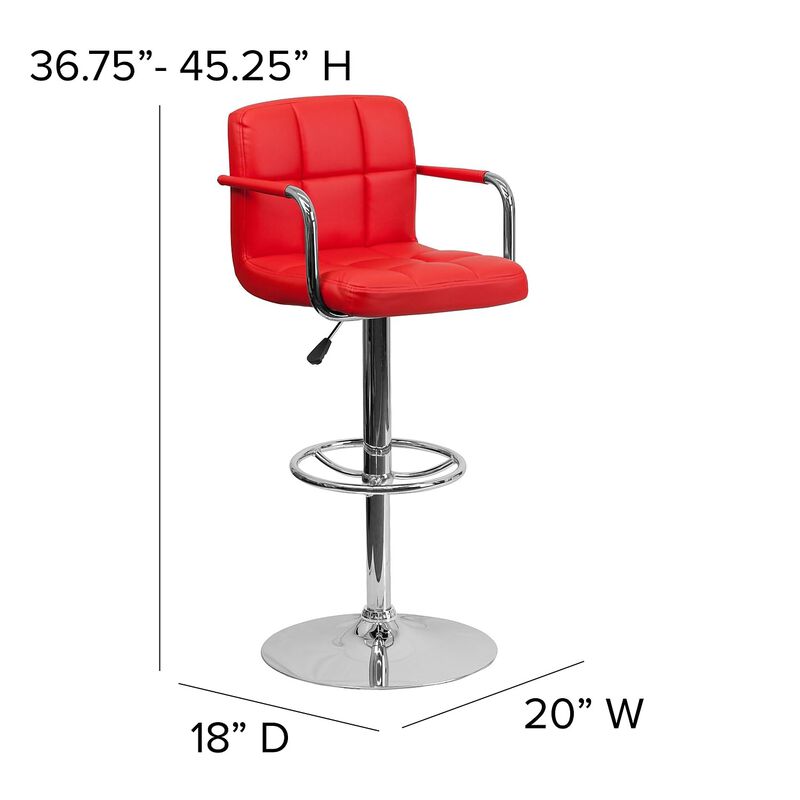 Flash Furniture Contemporary Quilted Vinyl Adjustable Height Barstool with Arms and Chrome Base, 1 Pack, Red