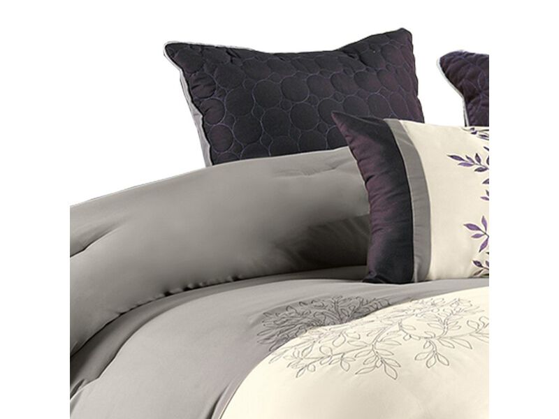 7 Piece Queen Polyester Comforter Set with Leaf Embroidery, Gray and Purple - Benzara