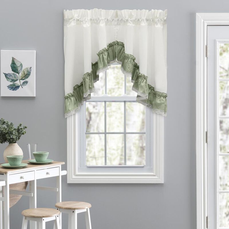 Ellis Curtain Madelyn Ruflled Victorian 1.5" Rod Pocket Swag for Windows Lace Edge 82" x 38" Sage