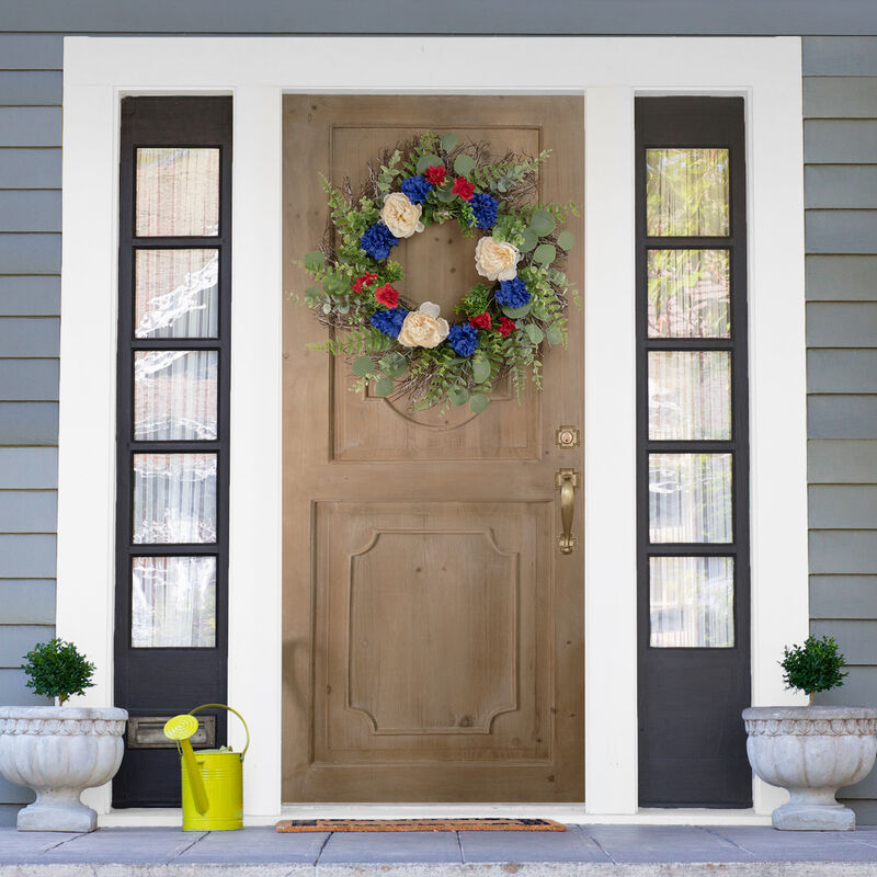 Americana Mixed Foliage and Florals Patriotic Wreath  24-Inch  Unlit