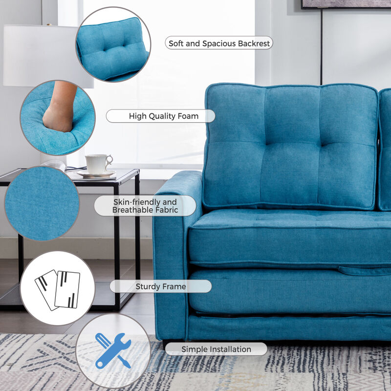 59.4" Loveseat Sofa with Pull-Out Bed Modern Upholstered Couch with Side Pocket for Living Room Office, Blue