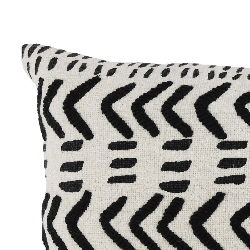 26 Inch Cotton Decorative Lumbar Throw Pillow, Tribal Pattern, Black, White-Benzara