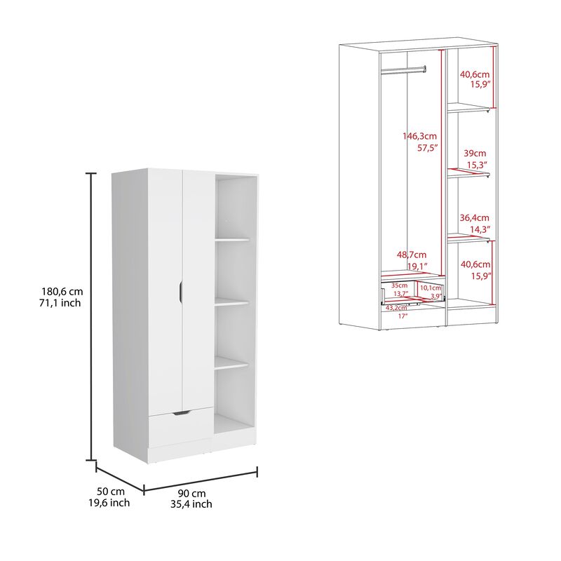 Memphis Wardrobe Armoire with 4-Tier Storage Shelves and 1 Drawer, White