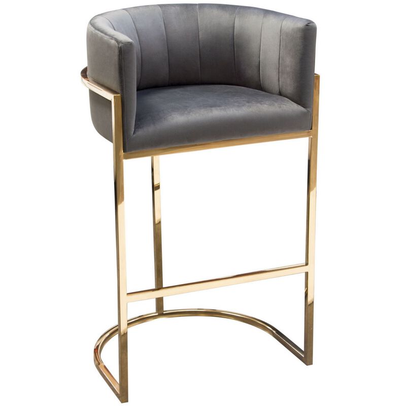 Meha 29 Inch Cantilever Bar Chair, Channel Tufted Back, Gray Velvet, Gold - Benzara