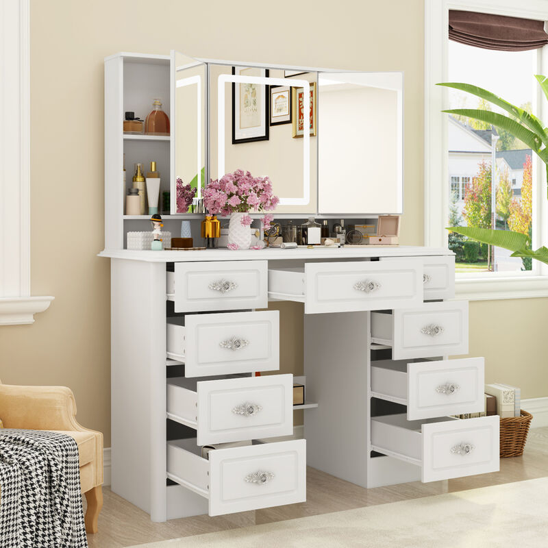 White Makeup Vanity Table Dressing Desk with 3-Mirrors, LED Lighted, 9-Drawers, Hidden Storage Shelves, Crystal Handles