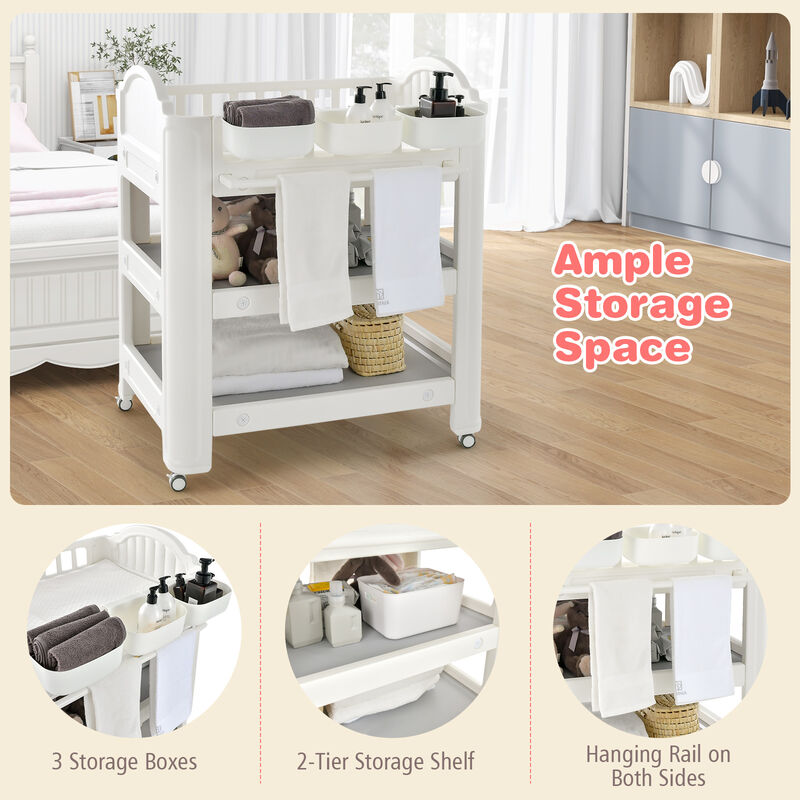 Mobile Diaper Changing Station with Storage Shelves and Boxes