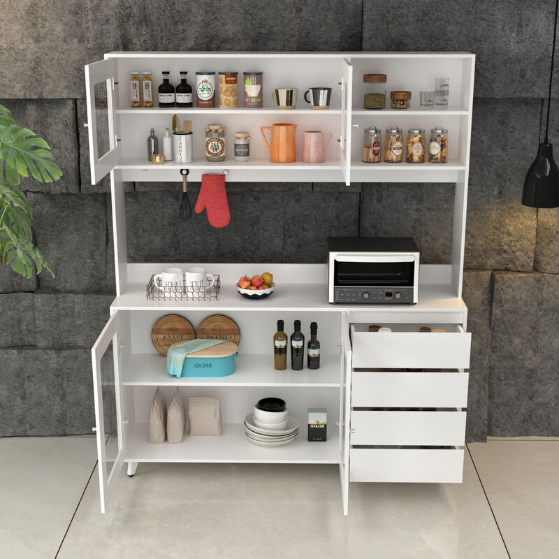 White Large Kitchen Pantry Cabinet Buffet with 4-Drawers Hooks Open Shelves and Glass Doors