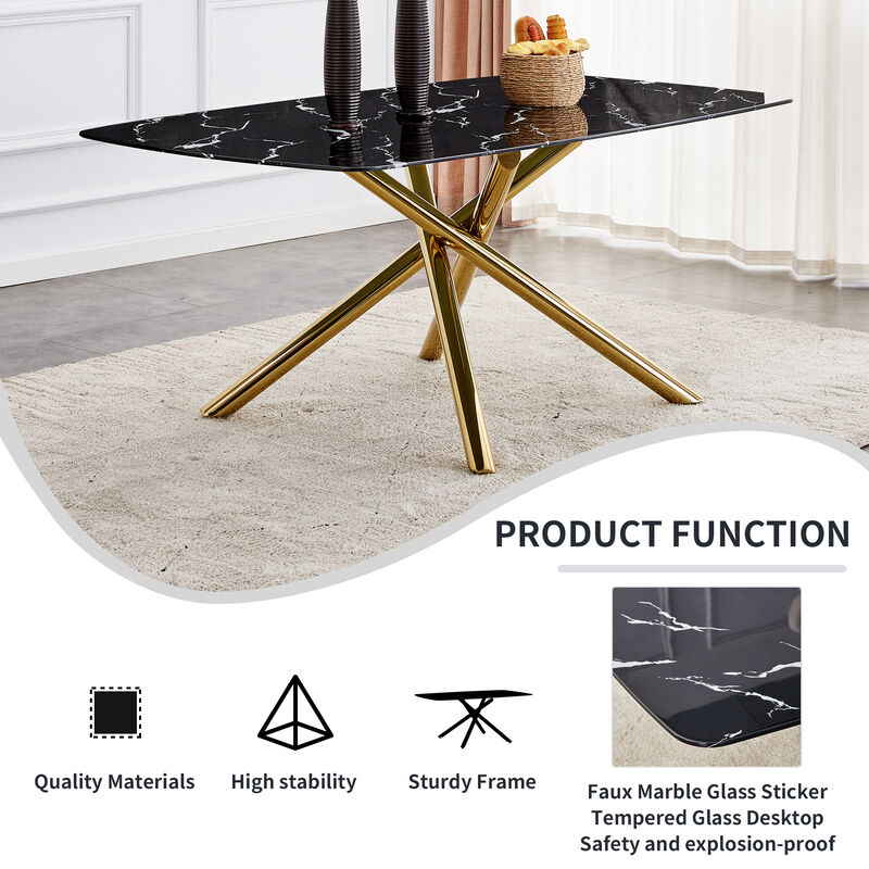 Hivvago 68 Seater Modern Kitchen Dining Table Rectangular Marble Table Top with Single Gold Metal Leg