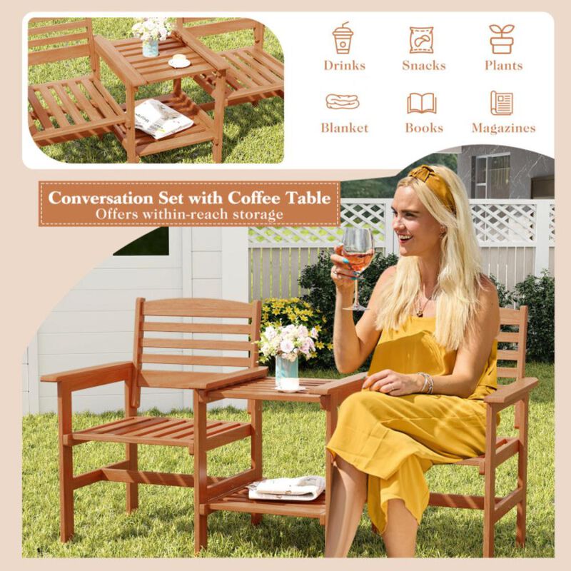 Hivvago Outdoor Patio Wood 2-Seat Conversation Set with Coffee Table and Umbrella Hole