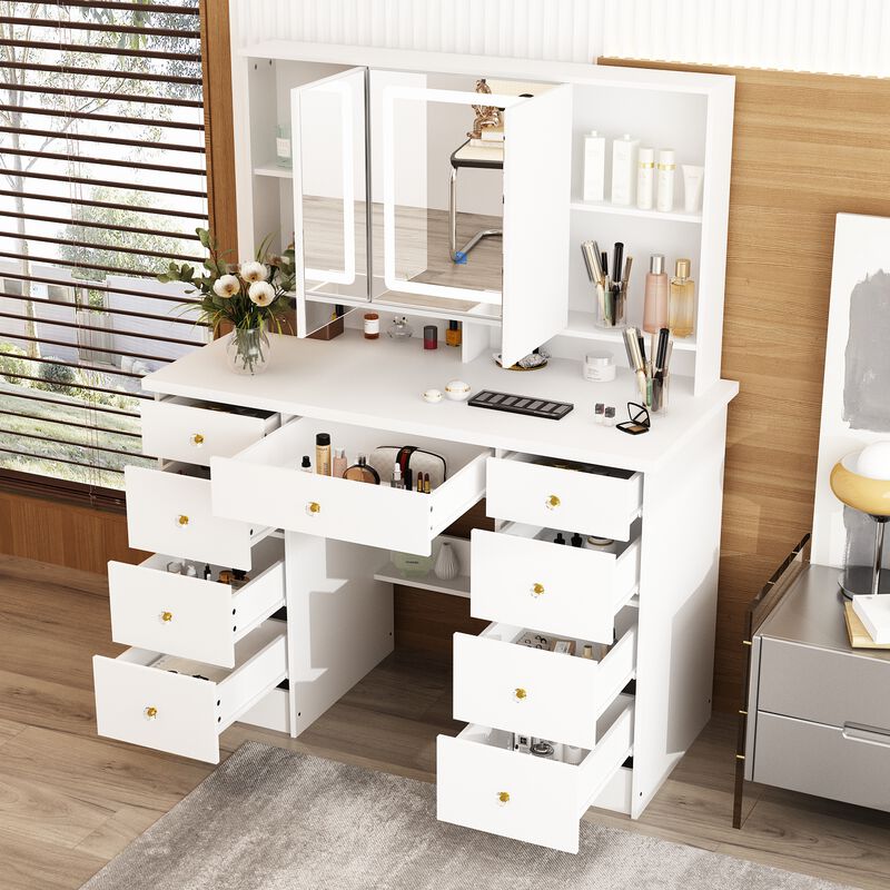White Modern Makeup Vanity Desk 9 Drawers Wood Dressing Table With 3 Mirrors, Hidden Storage Shelves, LED Lighted