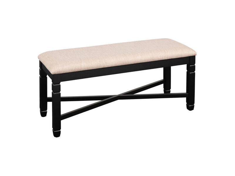 Fabric Dining Bench with Turned Legs and X Shaped Support, Beige and Black - Benzara