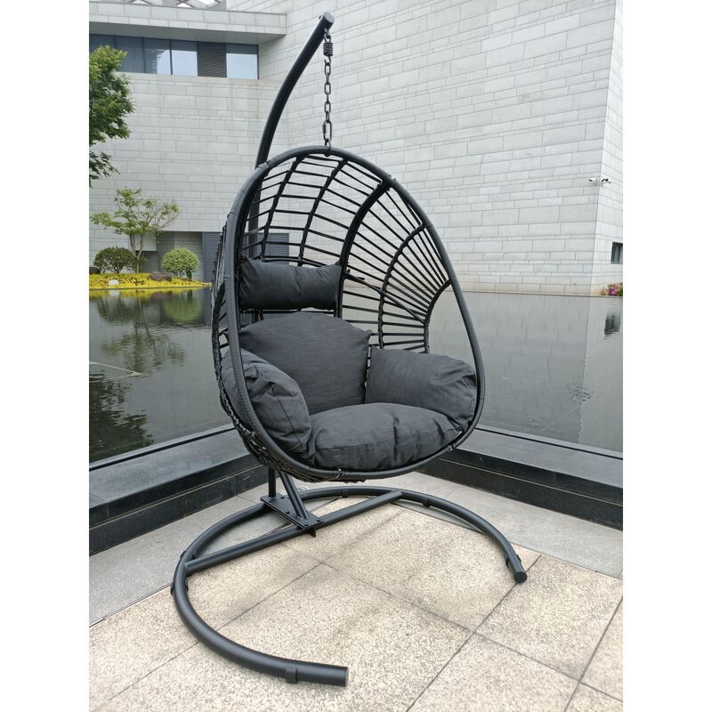High Quality Outdoor Indoor Black color PE Wicker Swing Egg chair with Anthracite Color Cushion And Black Color Base