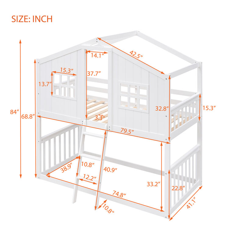 Twin Over Twin House Bunk Bed With Ladder, Wood Bed-Gray