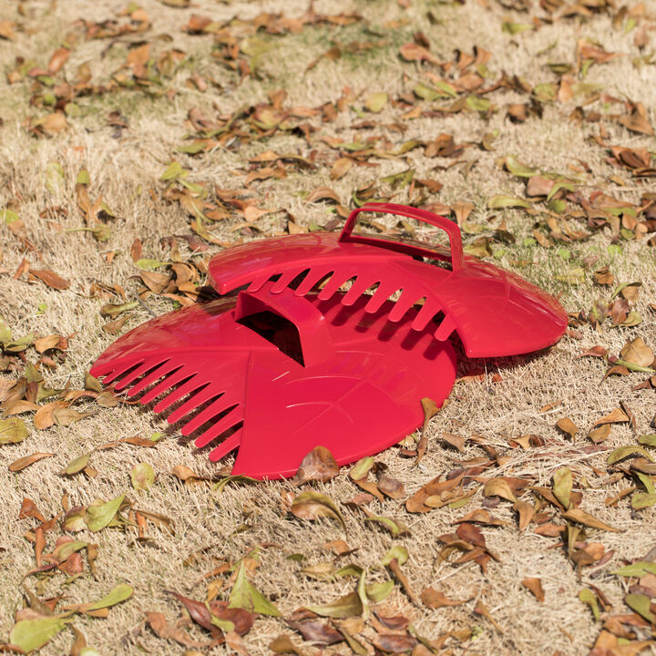 Decorative Pair of Leaf Scoops, Hand Rakes for Lawn and Garden Cleanup, Red