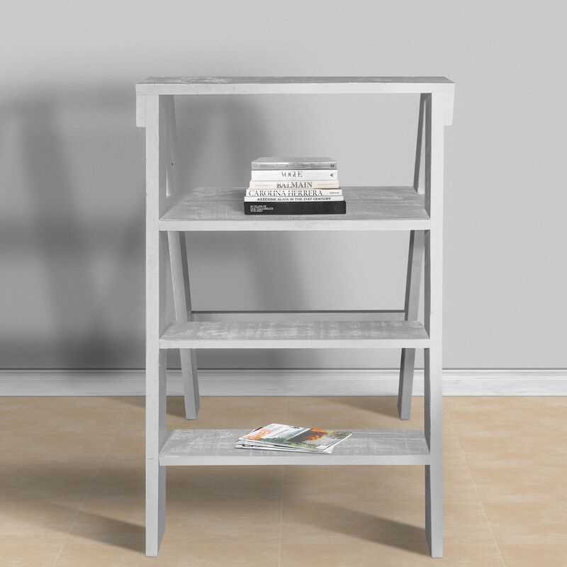 27 Inch Pinewood Ladder Bookcase, 4 Tier Open Shelves, Weathered White-Benzara