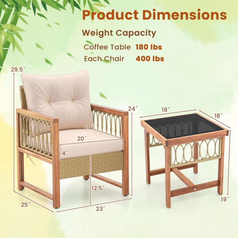 Hivvago 3 Pieces Patio Furniture Set with Acacia Wood Frame Cushions