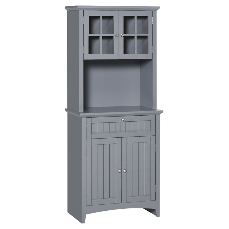 Elegant Buffet Hutch Cabinet, Freestanding Kitchen Pantry Storage Cabinet with Framed Glass Door Drawer & Microwave Space for Home Kitchen, Grey