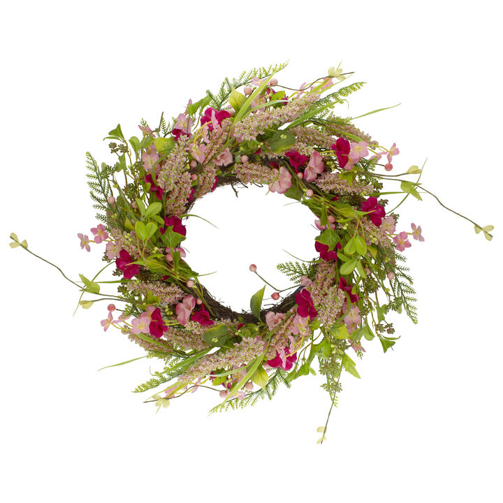 Spring Floral Foliage and Berry Twig Wreath  Pink 21"