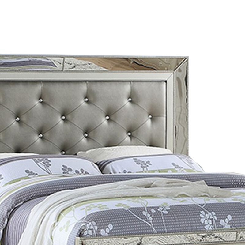 Reva Queen Bed, Mirror Inlaid, Button Tufted Gray Faux Leather Upholstery - Benzara