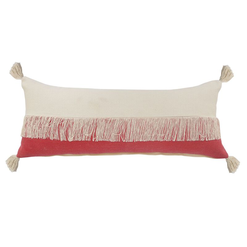 36" Red and White Fringe Color Block Lumbar Throw Pillow