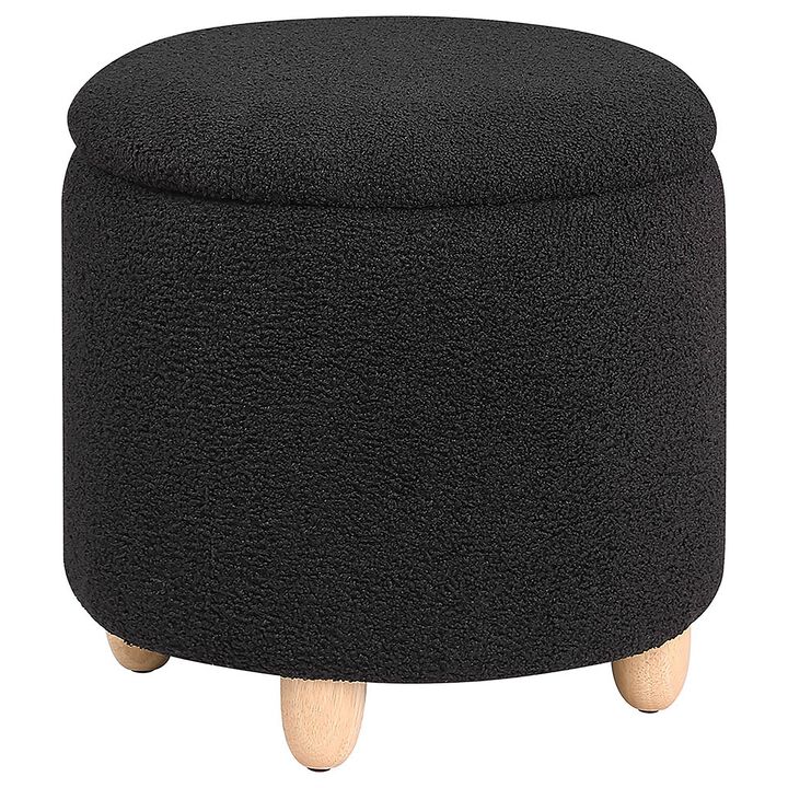 Aia 18 Inch Storage Ottoman, Black Faux Sheepskin, Round Rubberwood Feet - Benzara